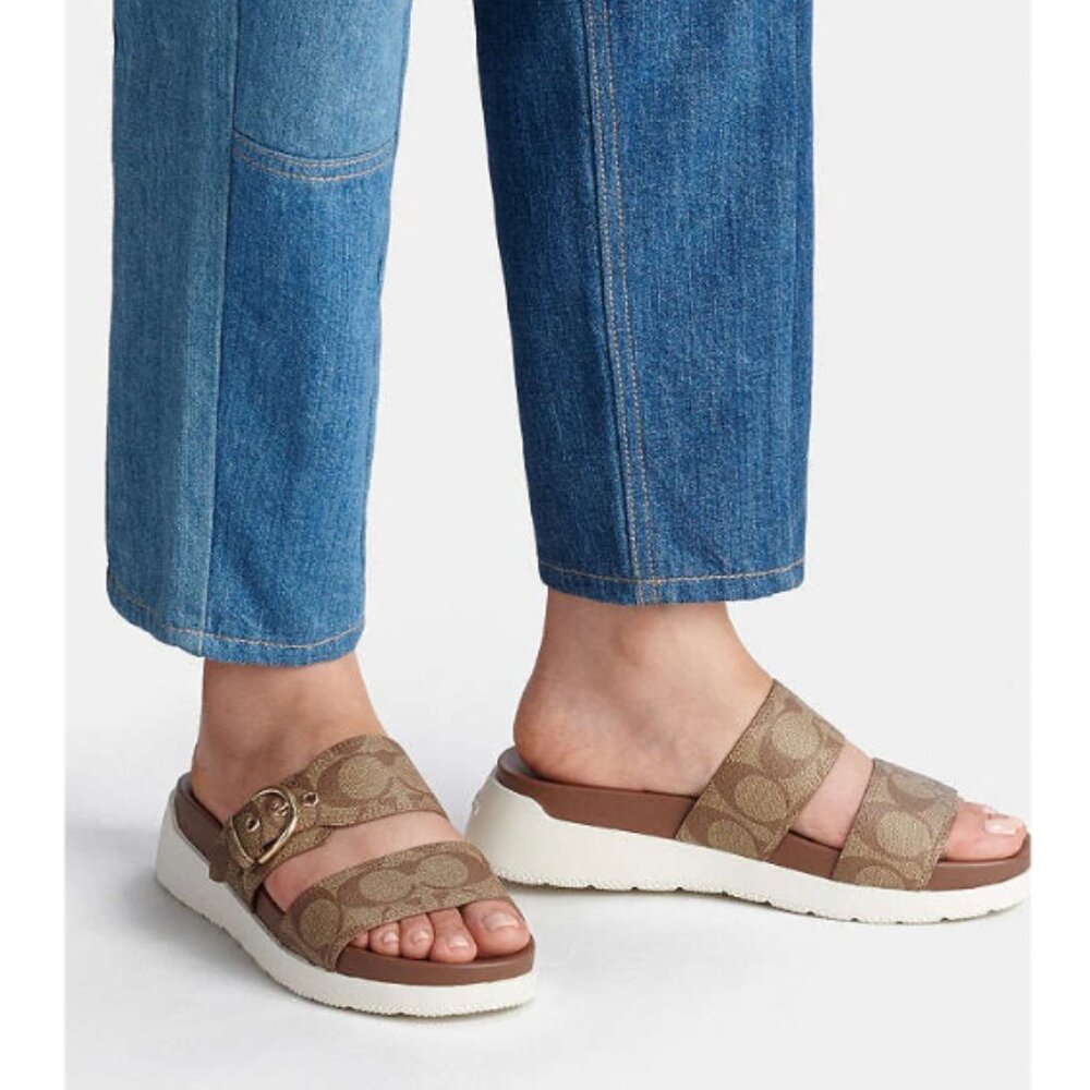 COAH Allanah Sandal In Signature Canvas, Women US 7B, Khaki plateforme sandles